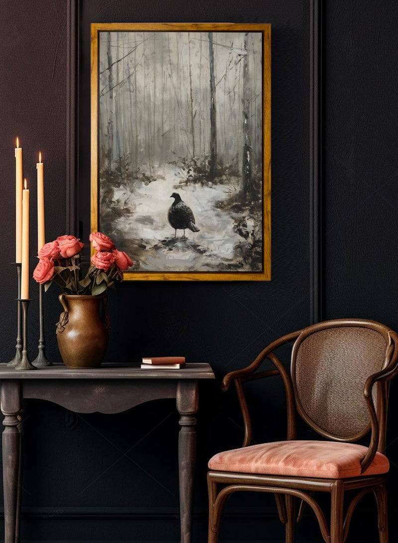 لوحة كانفاس على إطار خشبي بإطار خارجي باللون الخشبي وتصميم كلاسيكي لطائر وسط الغابة - Image 3