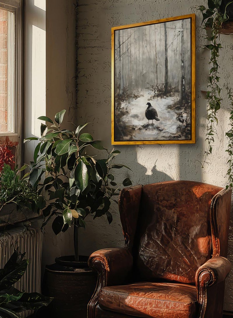 لوحة كانفاس على إطار خشبي بإطار خارجي باللون الخشبي وتصميم كلاسيكي لطائر وسط الغابة - Image 2