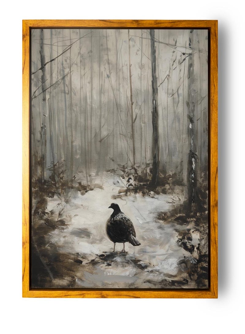 لوحة كانفاس على إطار خشبي بإطار خارجي باللون الخشبي وتصميم كلاسيكي لطائر وسط الغابة - Image 5