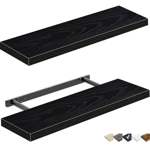 QEEIG Floating Shelves for Wall 23.6" Long - Wall Mounted Shelf Bathroom Kitchen Living Room Bedroom Farmhouse Home Decor Display Bookshelf Large 23.6 x 9.3 inch Set of 2, Black (008-60B) - Image 1