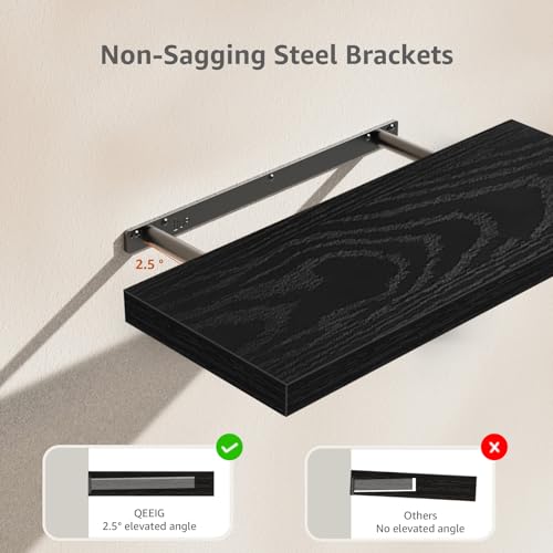 QEEIG Floating Shelves for Wall 23.6" Long - Wall Mounted Shelf Bathroom Kitchen Living Room Bedroom Farmhouse Home Decor Display Bookshelf Large 23.6 x 9.3 inch Set of 2, Black (008-60B) - Image 5