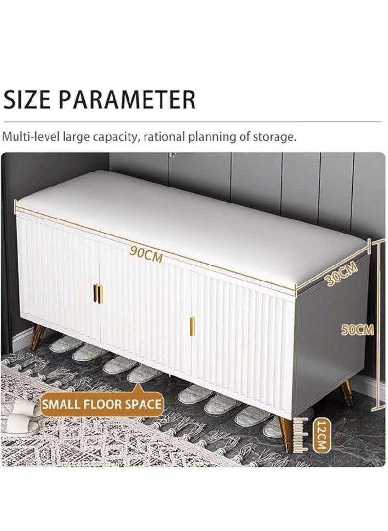 HAOWINS-PAN Shoe Bench with Storage and Leather Cushion Seat White Modern Shoe Cabinet Home Shoe Organizer for Entryway Hallway Bedroom Living Room  - Image 2