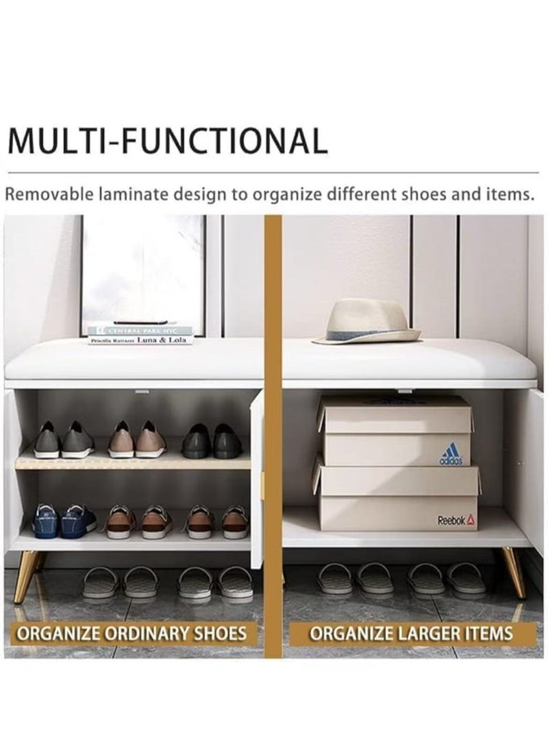 HAOWINS-PAN - Shoe Bench with Storage and Leather Cushion Seat White Modern Shoe Cabinet Home Shoe Organizer for Entryway Hallway Bedroom Living Room - Image 1