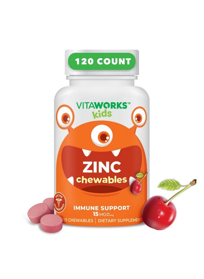 VitaWorks Kids Zinc 15mg Chewable Tablets - Natural Cherry Flavor - Vegan, Vegetarian, GMO-Free, Gluten Free, Nut Free Vitamins - Dietary Supplement for Immune Support - for Children - 120 Chewables - Image 1