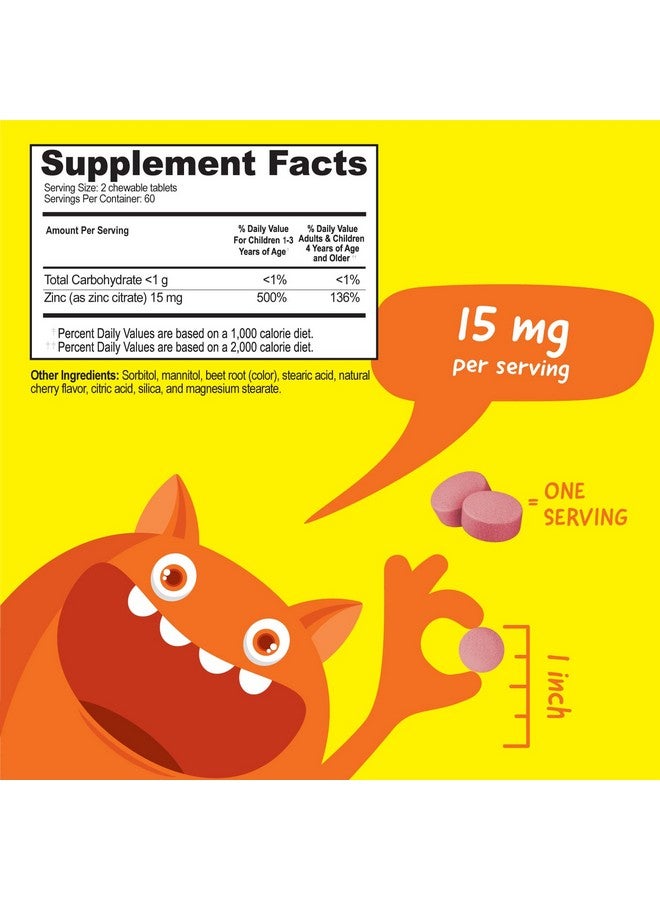 VitaWorks Kids Zinc 15mg Chewable Tablets - Natural Cherry Flavor - Vegan, Vegetarian, GMO-Free, Gluten Free, Nut Free Vitamins - Dietary Supplement for Immune Support - for Children - 120 Chewables - Image 2