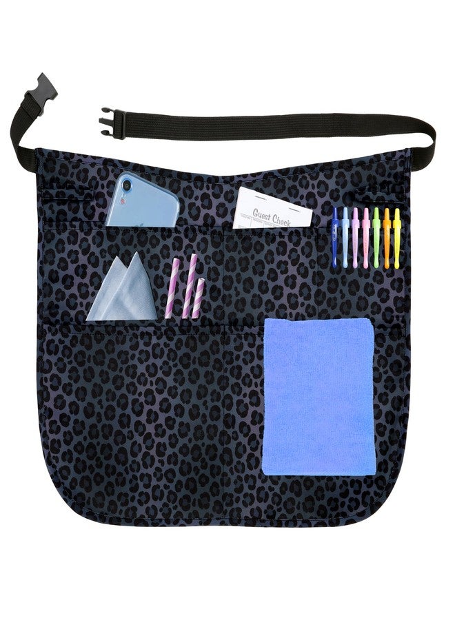 Plum Hill Black Leopard Clip-On Server Apron with Buckle, Waitress Aprons with Clip, No-tie, Waist Length, 5 Pockets - Image 1