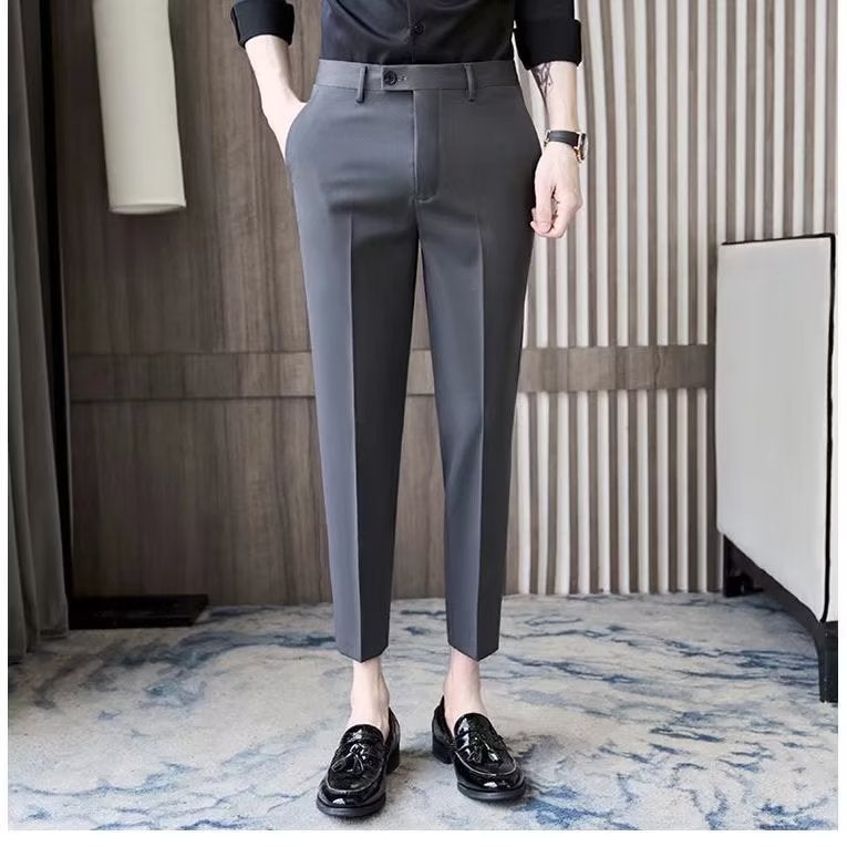 Ice Silk Casual Trousers Thin Black Trousers Mens High Stretch Dummy Business Slim-fit Small-leg Suit Pants for Summer Dark gray - Image 1