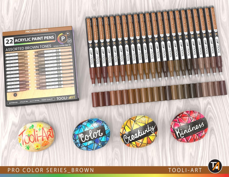 TOOLI-ART Acrylic Paint Pens 22 Brown Tones Assorted Pro Color Series Markers Set 0.7mm Extra Fine Tip for Rock Painting, Glass, Mugs, Wood, Metal, Canvas, Projects, Non Toxic, Waterbased, Quick Drying - Image 2