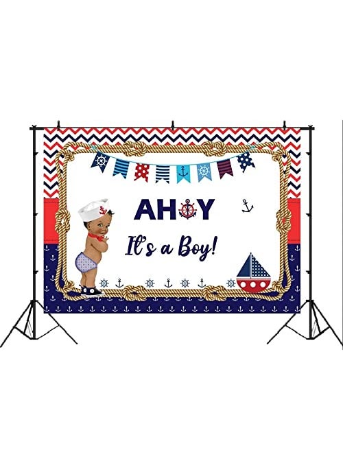 Theme My Party - Theme My Party Nautical-Ahoy Birthday Party Backdrop for Photography Banner Kids Event Cake Table Decor Home Decoration Photo Booth Background (4ft X 4ft) - Image 1