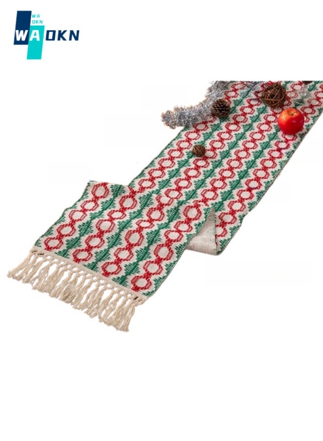 دبليو أيه أو كي أن 33 سم × 220 سم قطن منسوج بلونين عداء طاولة مع فحص هندسي وشرابات ، مفرش طاولة قهوة بوهيمي منسوج ، زخرفة سطح الطاولة لأعياد ميلاد الاستحمام المنزلي  - Image 1