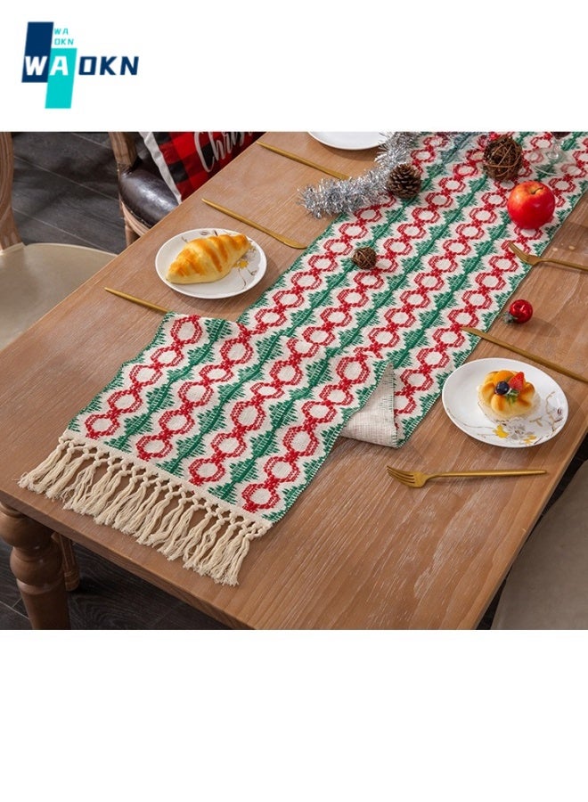 دبليو أيه أو كي أن 33 سم × 220 سم قطن منسوج بلونين عداء طاولة مع فحص هندسي وشرابات ، مفرش طاولة قهوة بوهيمي منسوج ، زخرفة سطح الطاولة لأعياد ميلاد الاستحمام المنزلي  - Image 5