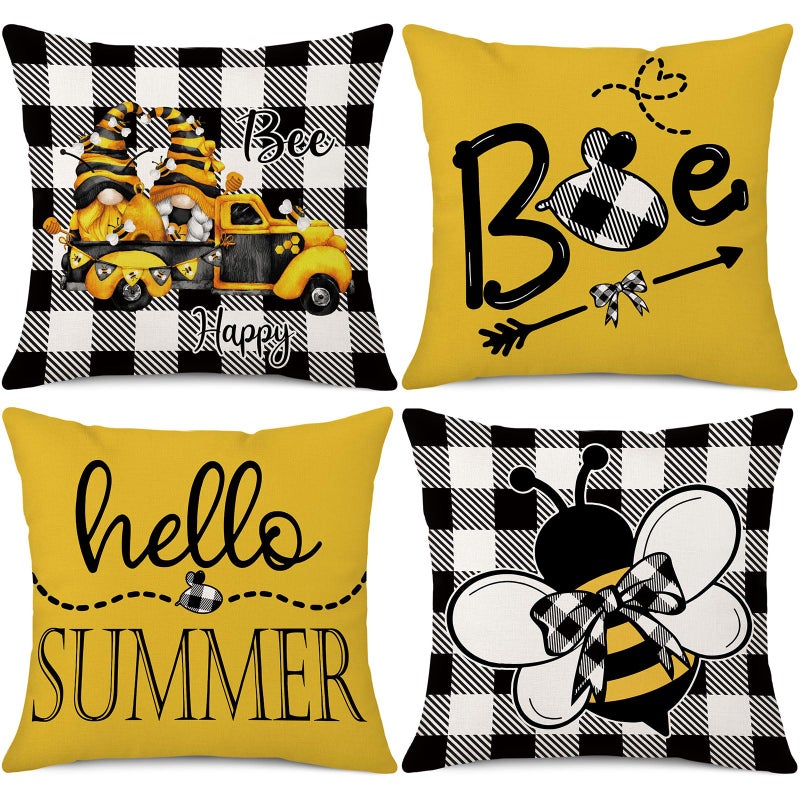 Coeufuedy Summer Bee Throw Pillow Covers 18 x 18 Set of 4 Black and White Buffalo Check Plaids Gnome Bee Summer Decorative Cushion Case for Sofa Couch Garden - Image 1