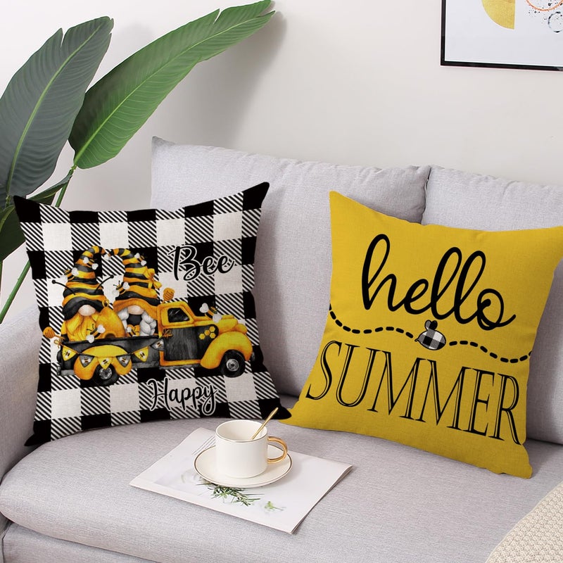 Coeufuedy Summer Bee Throw Pillow Covers 18 x 18 Set of 4 Black and White Buffalo Check Plaids Gnome Bee Summer Decorative Cushion Case for Sofa Couch Garden - Image 3