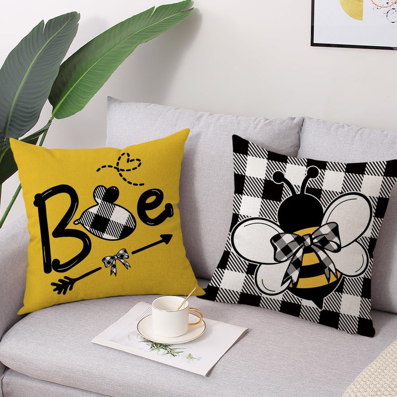Coeufuedy Summer Bee Throw Pillow Covers 18 x 18 Set of 4 Black and White Buffalo Check Plaids Gnome Bee Summer Decorative Cushion Case for Sofa Couch Garden - Image 4
