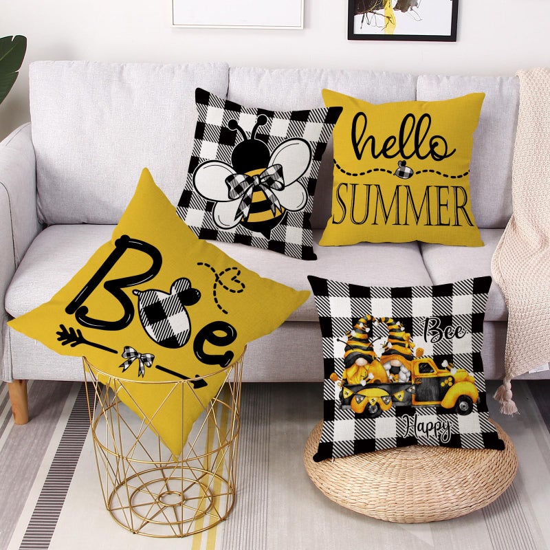 Coeufuedy Summer Bee Throw Pillow Covers 18 x 18 Set of 4 Black and White Buffalo Check Plaids Gnome Bee Summer Decorative Cushion Case for Sofa Couch Garden - Image 2