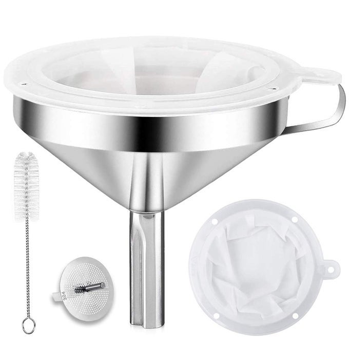 KITCHEN FUNNEL FOR FILLING BOTTLES 304 STAINLESS STEEL FOOD FUNNELS WITH STRAINER AND 200 MESH FILTER METAL FUNNEL SET FOR TRANSFERRING CANNING OIL COFFEE