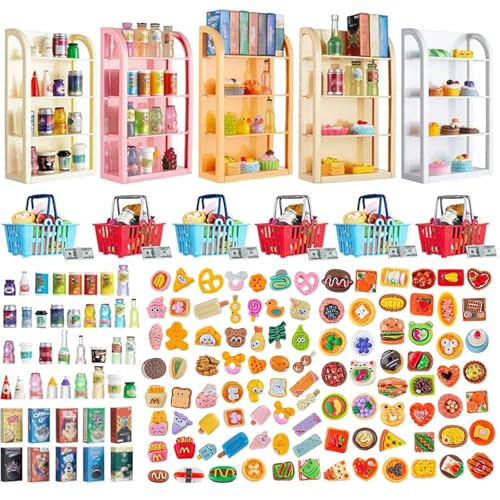 HSJH 164pcs Miniature Supermarket Shelves Furniture Model 4 Layers Shelf Display Rack Doll House Accessory Storage Bookshelf Accessories Mini Locker Decor Food Drink Bottle Toy Cosplay Game Party - Image 1