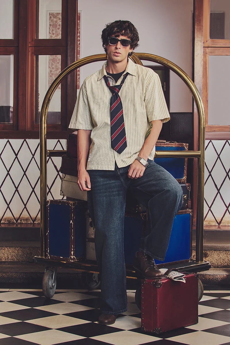 SNITCH Late Checkout Printed Box Fit Stripes Shirt