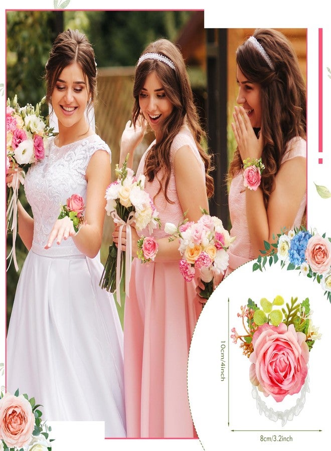 Jexine 12 Pcs Rose Wrist Corsage Bracelets Wedding Bridal Wrist Artificial Flower Wristband Flower Hand Decor for Bride Bridesmaid Homecoming Prom Party Decor(Peach) - Image 3