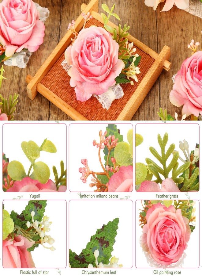 Jexine 12 Pcs Rose Wrist Corsage Bracelets Wedding Bridal Wrist Artificial Flower Wristband Flower Hand Decor for Bride Bridesmaid Homecoming Prom Party Decor(Peach) - Image 2