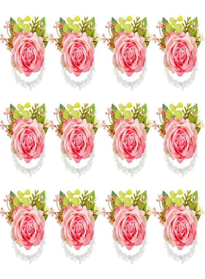 Jexine 12 Pcs Rose Wrist Corsage Bracelets Wedding Bridal Wrist Artificial Flower Wristband Flower Hand Decor for Bride Bridesmaid Homecoming Prom Party Decor(Peach) - Image 1