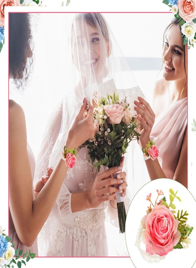 Jexine 12 Pcs Rose Wrist Corsage Bracelets Wedding Bridal Wrist Artificial Flower Wristband Flower Hand Decor for Bride Bridesmaid Homecoming Prom Party Decor(Peach) - Image 4
