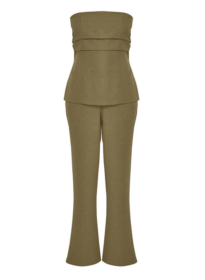 trendyol Khaki Linen Look Strapless Blouse and Pants Woven Bottom-Top Set - Image 4
