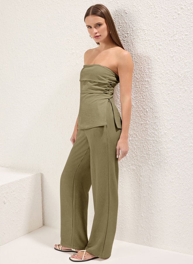 trendyol Khaki Linen Look Strapless Blouse and Pants Woven Bottom-Top Set - Image 1