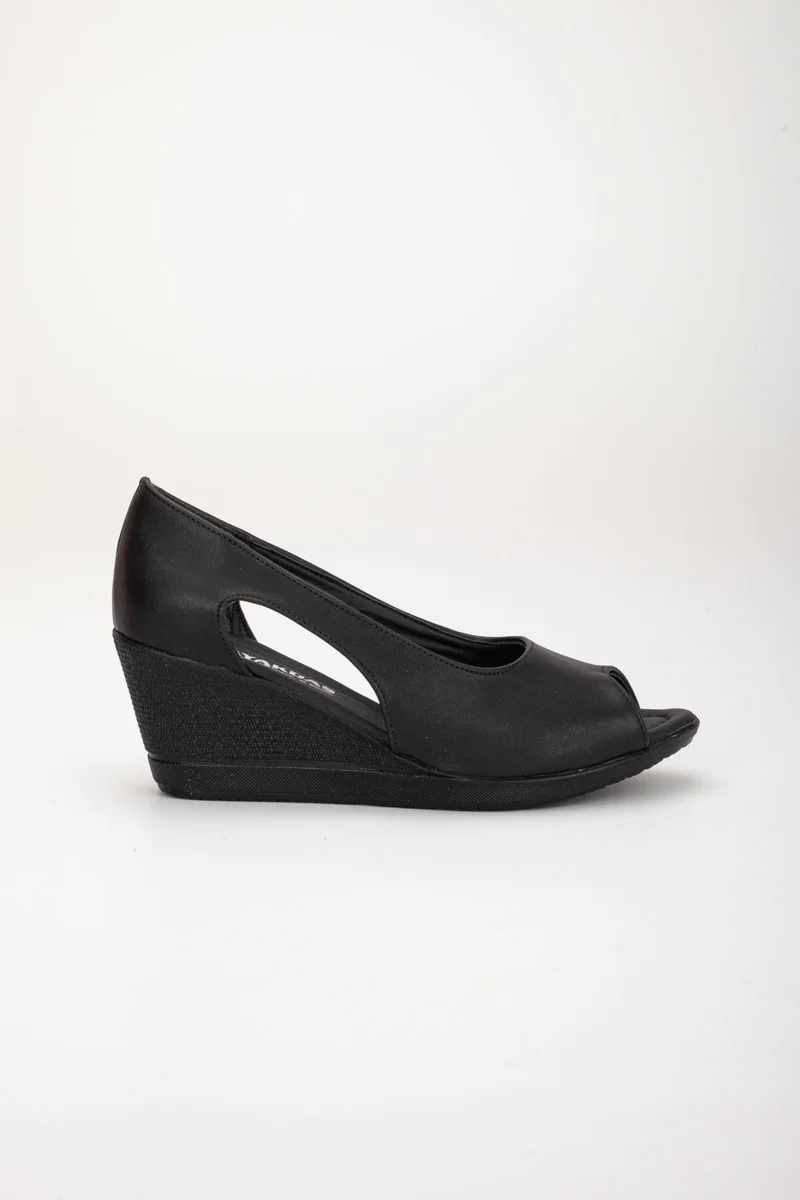 Dilimler Ayakkabı Slices Shoes Wedge Sole Open Toe Orthopedic Artificial Leather Black Women's Wedge Heel Shoes