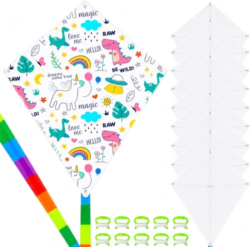 Toyosport DIY Blank Kites 10 Packs Bulk Kites DIY Kit for Kids DIY Decorating Coloring Kite Making Craft Kit for Kids Aged 4 Outdoor Activities Include 10 Hand Grips with 98ft Kite String - Image 1