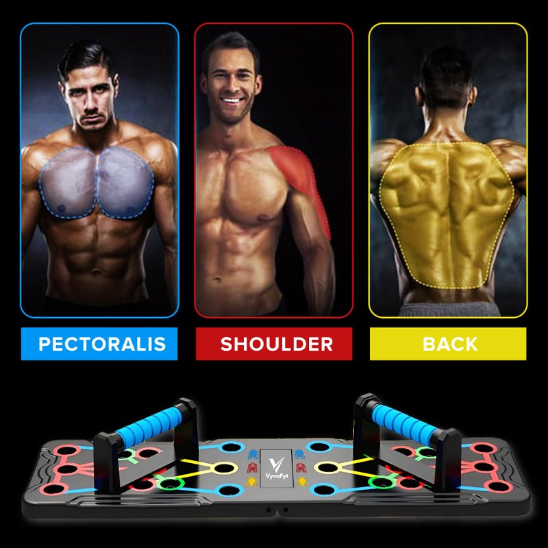 Vyva Fyt Solid Push-Up Board 15-in-1 Home Workout Equipment Multi-Functional Push Up bar Stand System for Chest, Arms, Strength Training, Muscle Building, Fat Burning Professional Fitness Equipment gym giff for Men & Women(Blue Handles) - Image 2