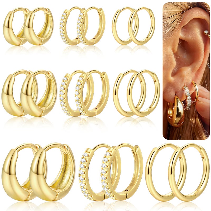 YEEZII 9 Pairs Gold Huggie Hoop Earrings Sets for Women, 14K Gold Plated Small Hoop Earring Sets for Multiple Piercing, Cute Small Tiny Lightweight Earrings for Sensitive Ears Everyday - Image 1