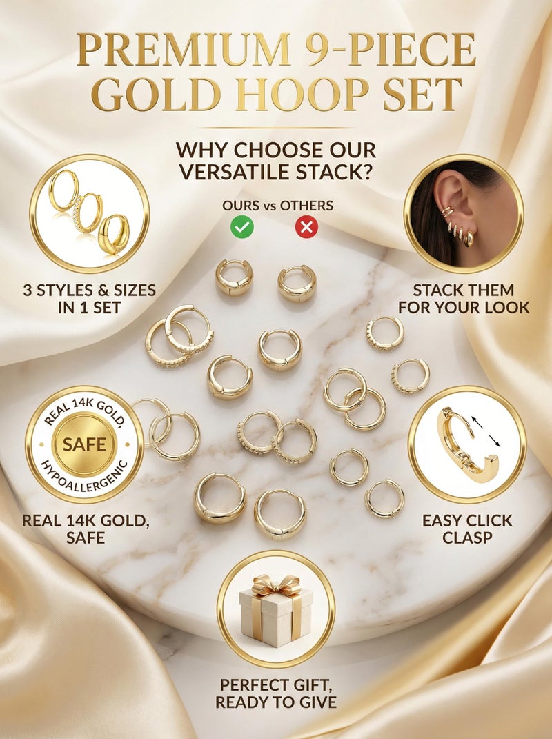 YEEZII 9 Pairs Gold Huggie Hoop Earrings Sets for Women, 14K Gold Plated Small Hoop Earring Sets for Multiple Piercing, Cute Small Tiny Lightweight Earrings for Sensitive Ears Everyday - Image 3