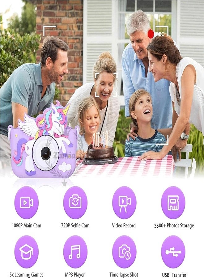 Zinnia Digital Camera for Girs & Boys, 13 MP Camera for HD Photo & 720p Video Recoding Dual Digital Camera Toy for Kids, Unicorn Design Silicone Cover Mini Camera for Kids (Irish Purple) - Image 2