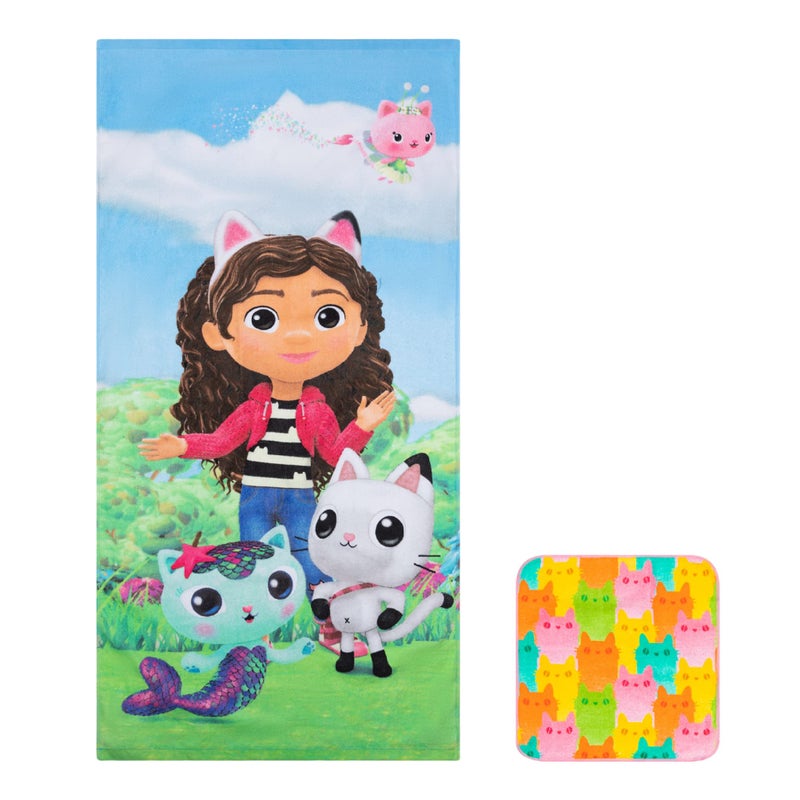 Franco Gabby 's Dollhouse  Gabby  Mercat and Pandy Kids Bath/Pool/Beach Soft Absorbent Cotton Terry Towel with Washcloth 2 Piece Set  50 in x 25 in  (Official DreamWorks Product)