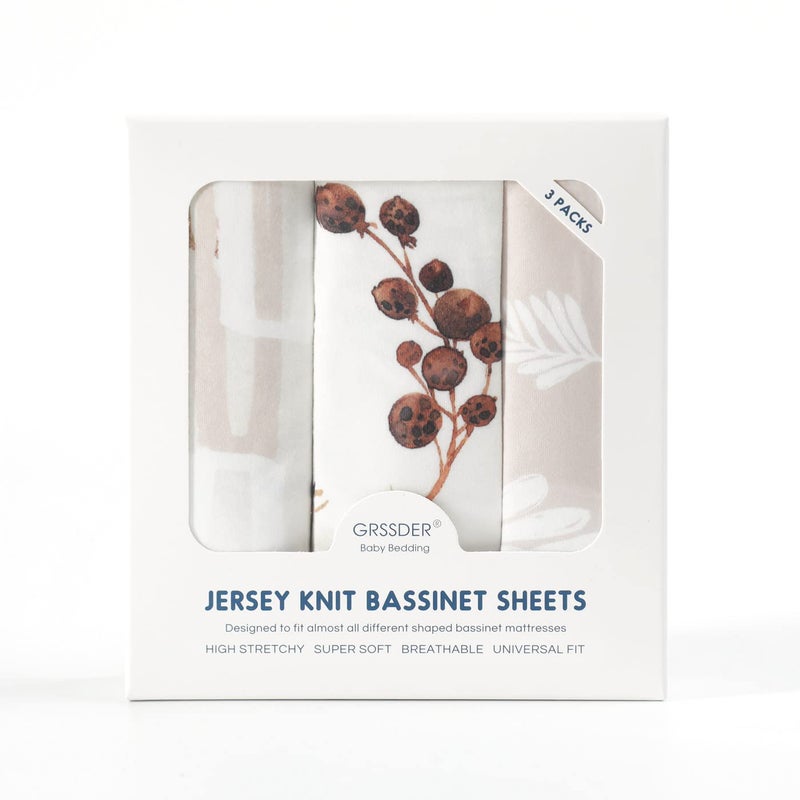 GRSSDER Stretchy Ultra Soft Fitted Bassinet Sheet Set 3 Pack, Universal Fit for Bassinets Baby Cradle Moses Basket Oval Rectangle Mattress Safe and Snug, Stylish Pretty Flora for Baby, Beige - Image 4