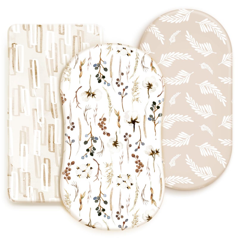 GRSSDER Stretchy Ultra Soft Fitted Bassinet Sheet Set 3 Pack, Universal Fit for Bassinets Baby Cradle Moses Basket Oval Rectangle Mattress Safe and Snug, Stylish Pretty Flora for Baby, Beige - Image 1