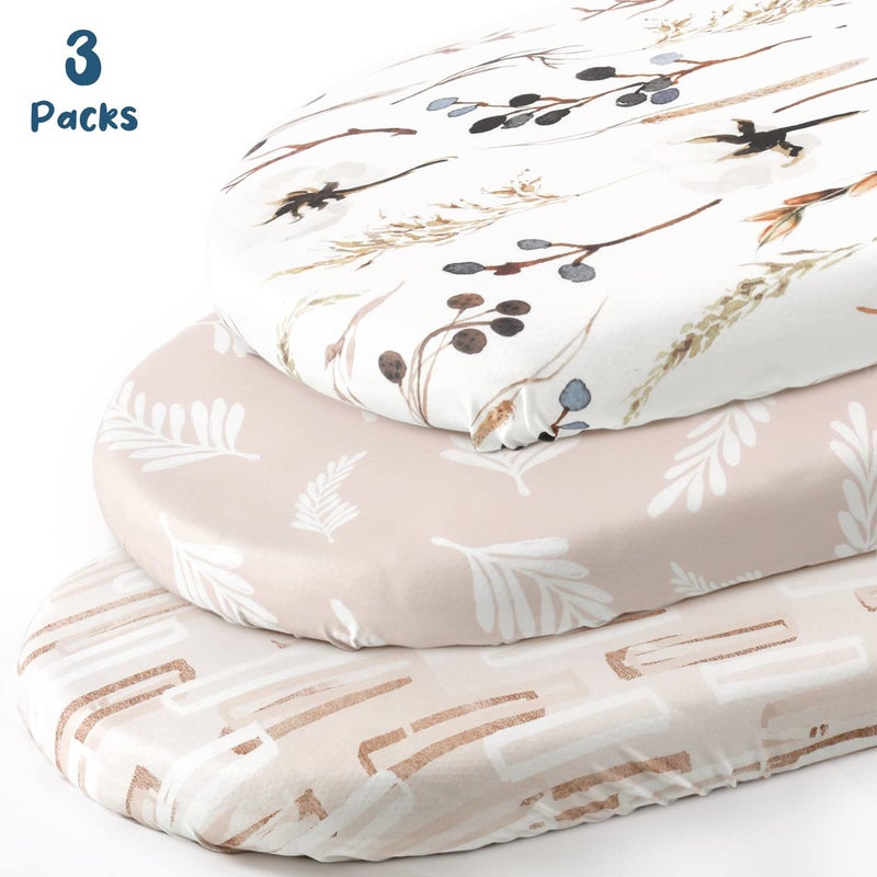 GRSSDER Stretchy Ultra Soft Fitted Bassinet Sheet Set 3 Pack, Universal Fit for Bassinets Baby Cradle Moses Basket Oval Rectangle Mattress Safe and Snug, Stylish Pretty Flora for Baby, Beige - Image 2