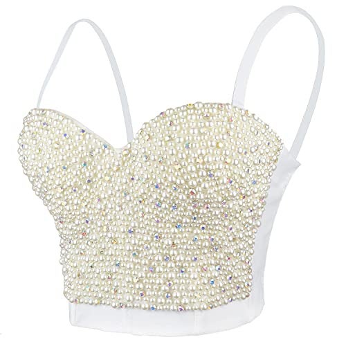 ELLACCI Sexy Pearls Beaded Rhinestone Bustier Crop Top Push up Corset Top with Detachable Straps White Large - Image 1