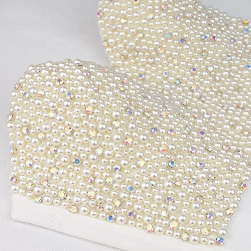 ELLACCI Sexy Pearls Beaded Rhinestone Bustier Crop Top Push up Corset Top with Detachable Straps White Large - Image 4