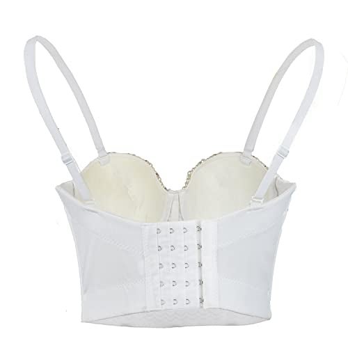 ELLACCI Sexy Pearls Beaded Rhinestone Bustier Crop Top Push up Corset Top with Detachable Straps White Large - Image 2