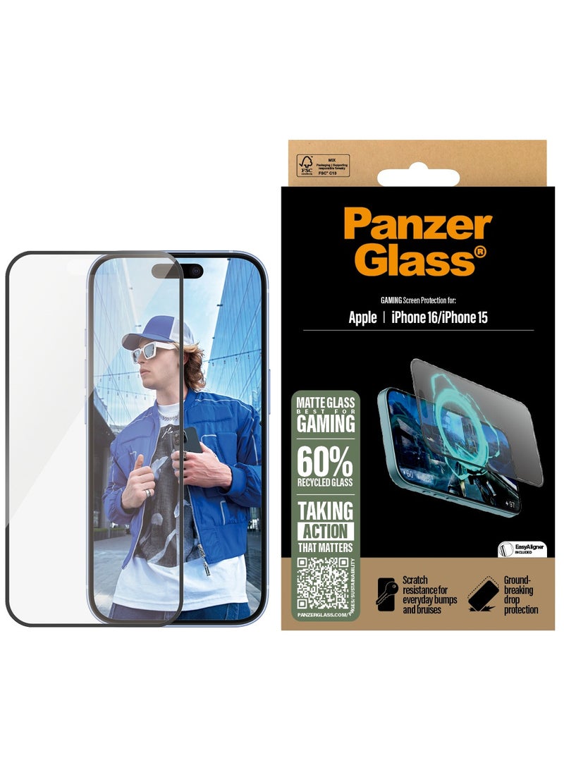 PanzerGlass حماية شاشة زجاجية غير لامعة من PanzerGlass® لجهاز Apple iPhone 16، EasyAligner، مضادة للتوهج ومضادة لبصمات الأصابع، زجاج مقسى، حساسية لمسية عالية، سطح سلس للغاية - Image 1