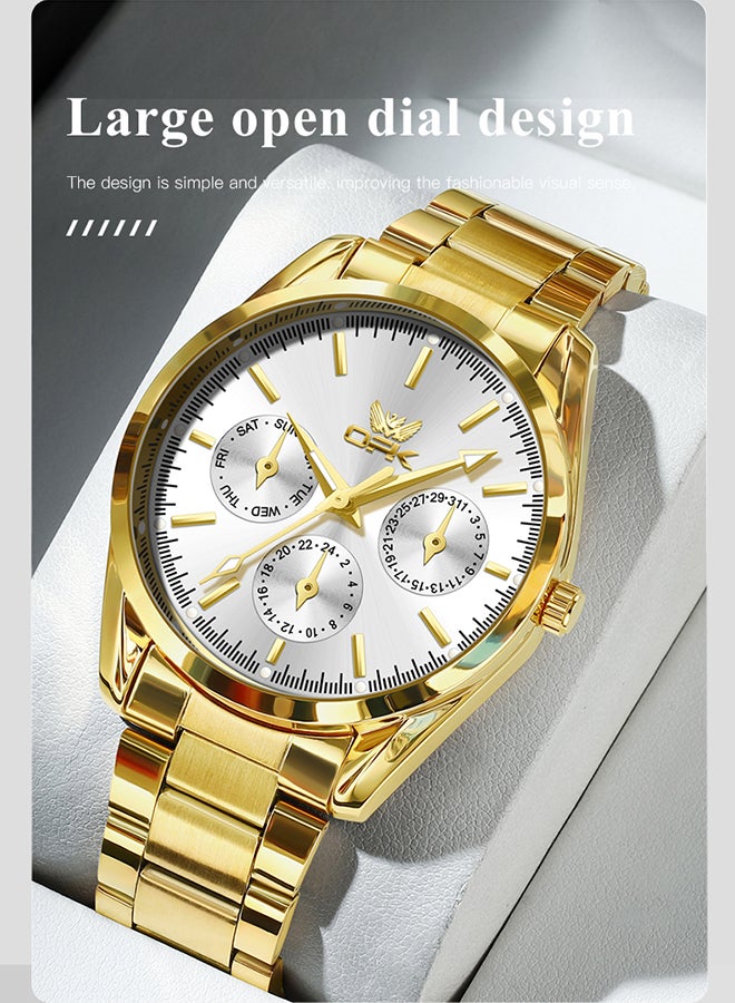 OPK Watches, Fashionable and Casual Men's Watch, Luminous Waterproof Quartz Watch, Men's Watch, 6024, All-Gold White Dial - Image 2