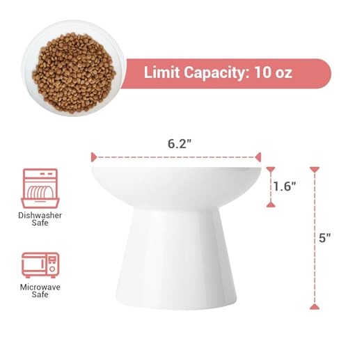 CEEFU Extra Wide Elevated Ceramic Cat Bowl, 6.2" Shallow Dish for Whisker Fatigue Relief, 5" Height for Easy Feeding, Durable Raised Cat Food Bowls, Pack of 2, White - Image 2