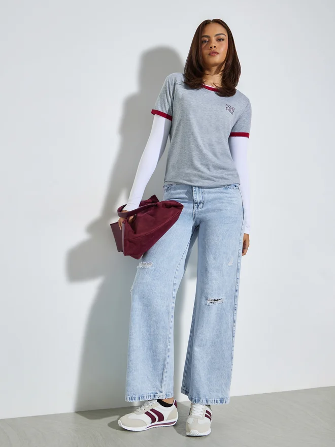 Styli Grey Contrast Trim Regular Fit T-Shirt