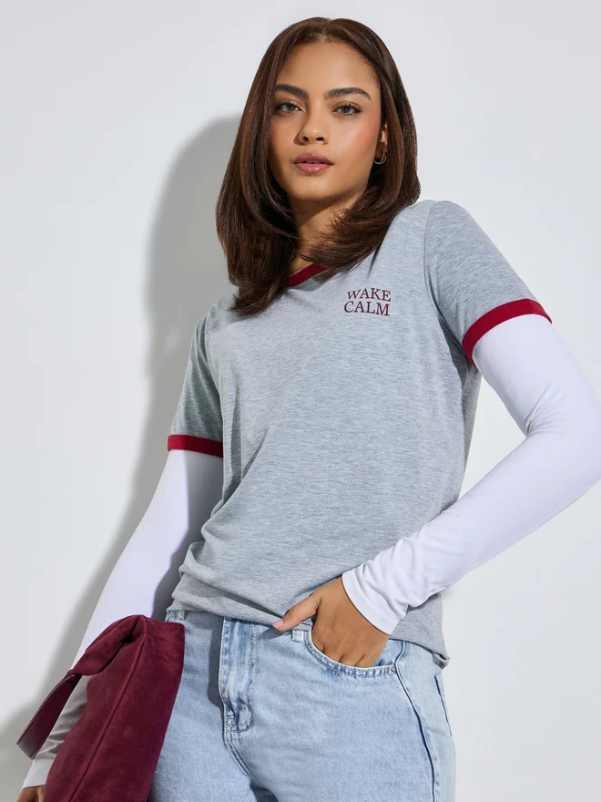 Styli Grey Contrast Trim Regular Fit T-Shirt