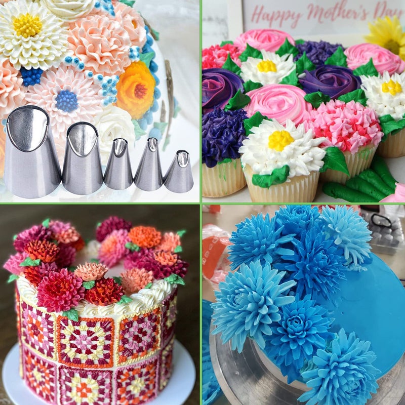 Suuker Rose Flower Piping Tips Set, Stainless Steel Chrysanthemum Nozzles, Crinkle Cream Laminating Nozzle Cupcake Pastry Tool For Decorating Cake Tulip Pastry Nozzle Baking Forms Pastry (5 Pieces) - Image 4
