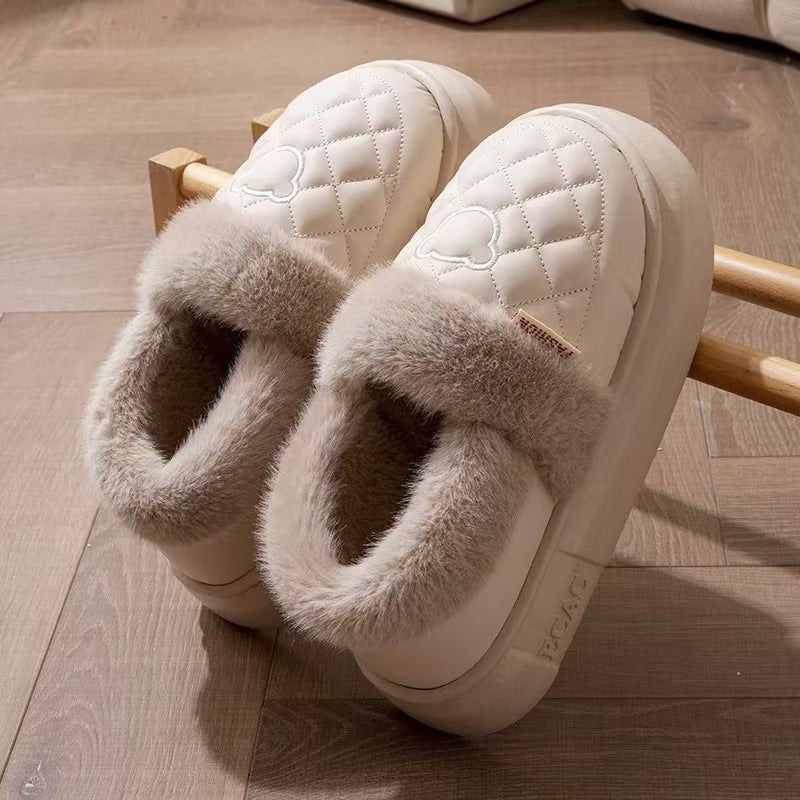 Cross-border plush thick-soled cotton slippers women winter new arrival fleece-lined warm slippers bag with high waterproof cotton shoes for men Khaki [upgraded all-inclusive heel]