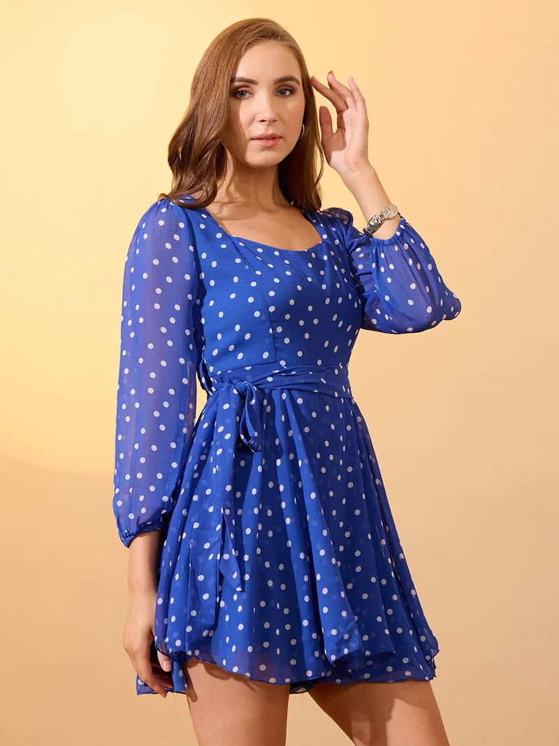 globus Globus Women Blue Sweetheart Neck Bishop Sleeves Polka Dot Playsuit With Belt