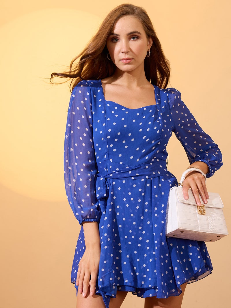 globus Globus Women Blue Sweetheart Neck Bishop Sleeves Polka Dot Playsuit With Belt  - Image 1